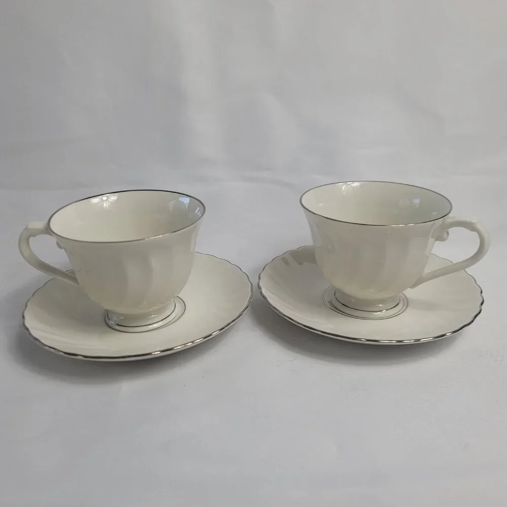 TWO Syracuse China Wedding Ring Cup & Saucer Sets White with Platinum Trim